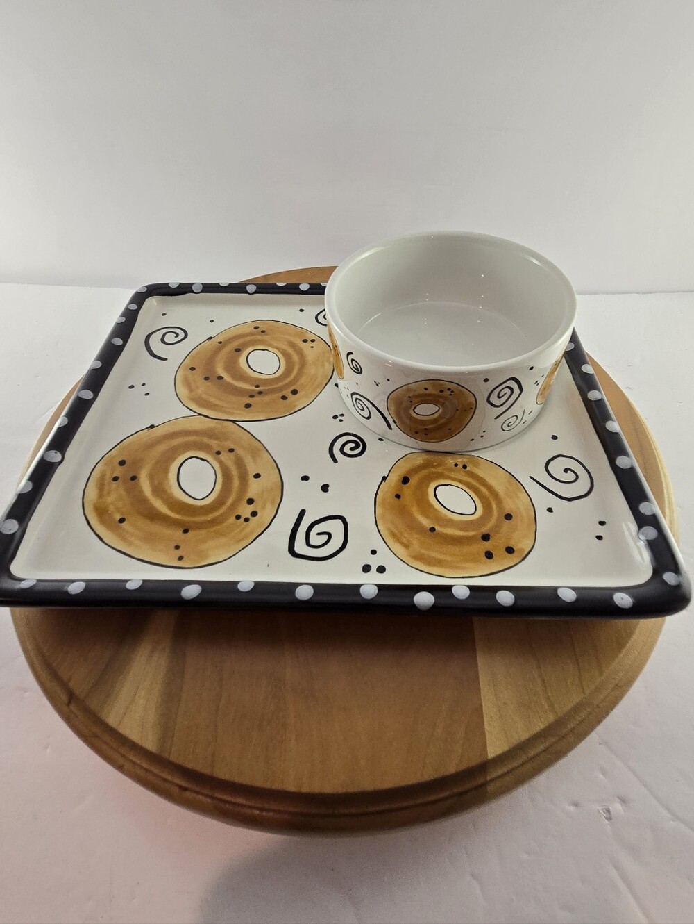 Joanne DeLomba Ceramic Bagel Plate Set Hand Painted 90s Brunch Tray, Vintage